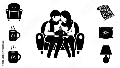 Cozy Companionship: A loving couple shares an intimate moment, enjoying the warmth of their surroundings with cups of hot beverage, evoking a feeling of comfort, love, and togetherness.