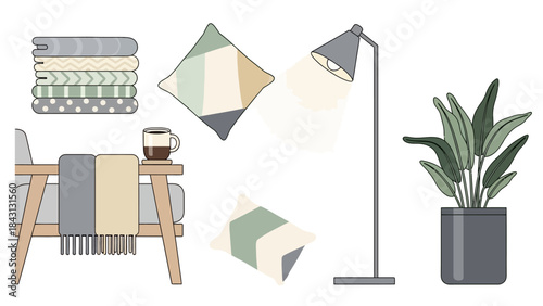 Cozy Interior: Artistic illustration of a serene and inviting interior decor, featuring a stack of blankets, pillows, a warm coffee, a stylish lamp and a plant.