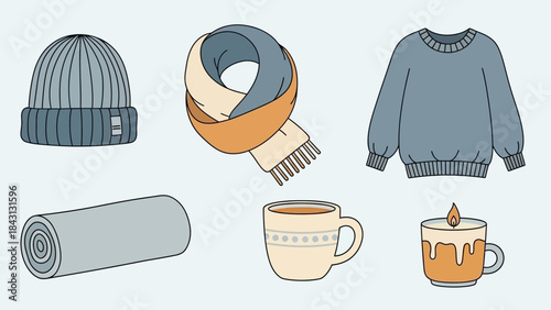 Cozy Essentials: A collection of warming garments and comforting elements perfect for creating a sense of cozy atmosphere
