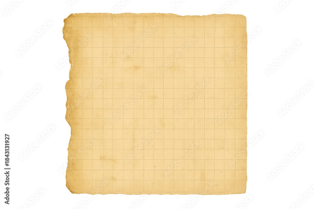 Fototapeta premium Vintage graph paper sheet with torn edges presenting an aged grid texture, transparent background
