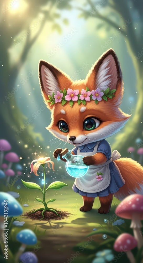Obraz premium Adorable young mammal wearing a floral crown nurtures a glowing plant with a potion in a magical woodland setting
