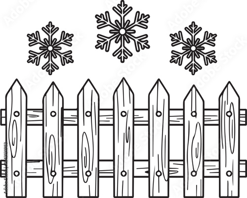 Wooden Fence with Snowflakes Winter Scene Illustration