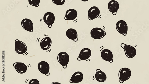 Hand drawn illustration of black sesame seeds scattered on a light background.