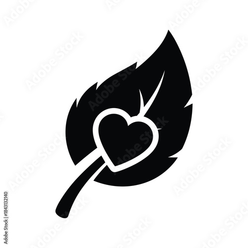 Simple black silhouette of a natural leaf with a heart symbol embedded in the center