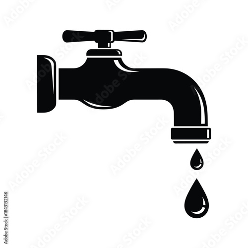 Dripping water faucet icon, black silhouette symbolizing water conservation and leak