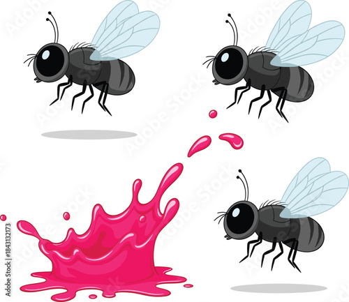 Cartoon vector set of three common house flies with large eyes and wings, interacting with a bright pink liquid splash for pest and hygiene concepts.Cartoon vector set of three common house flies with