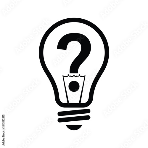 A black and white illustration of a light bulb with a question mark inside, isolated on a