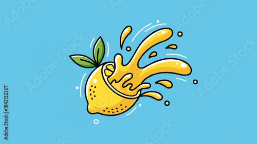 Juicy lemon splashing with fresh juice and leaves on a blue background.
