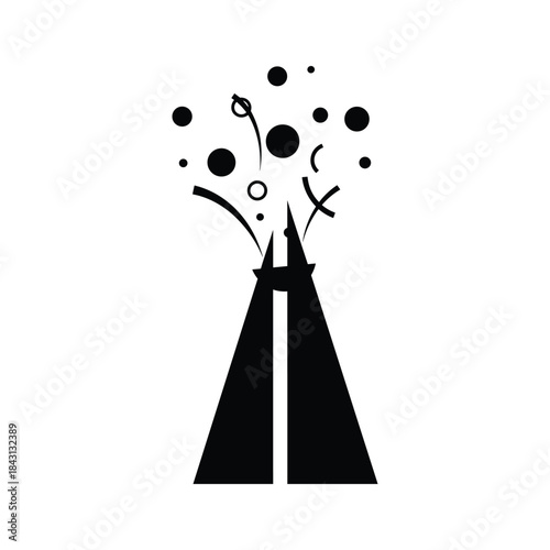Abstract black silhouette of a teepee with confetti and streamers exploding from the top, isolated on