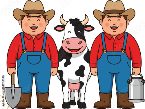 Cheerful cartoon vector illustration of two farmers in overalls and cowboy hats posing happily with a spotted dairy cow, holding a shovel and milk jug for agriculture and farm themes.Cheerful cartoon 