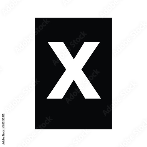 White capital letter x symbol inside a black vertical rectangle, isolated on