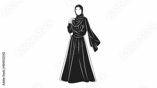 Elegant Black Abaya Dress with Hijab Fashion Illustration.