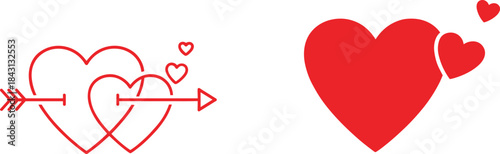Classic vector illustration set featuring a stylized red heart pierced by an arrow and two overlapping hearts for themes of love, romance, wedding, and Valentine's Day.Classic vector illustration set 