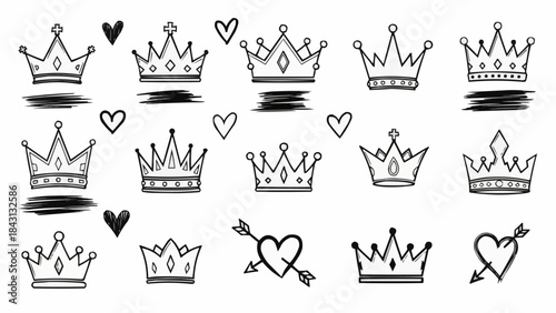 Collection of Hand Drawn Crowns and Hearts with Arrows.