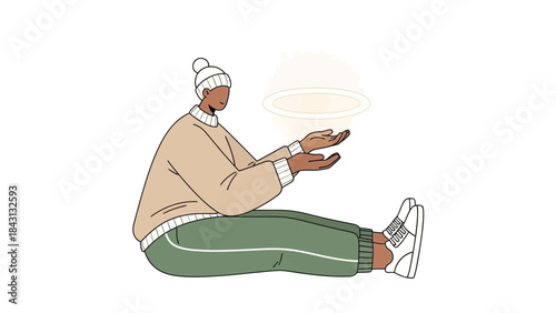 Minimalist Illustration of a person mediating with energy or a halo above their hands