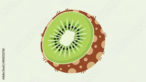 Stylized illustration of a kiwi fruit cut in half showing its vibrant green flesh and black seeds.