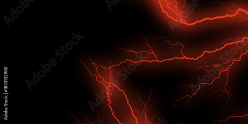 Abstract Red Electrical Discharge or Plasma Energy Background. Low angle view of red lightning bolt against black sky. Intense red electric lightning on dark sky. Striking red lightning. 