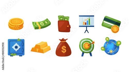 Financial and business icons set representing wealth and investment.