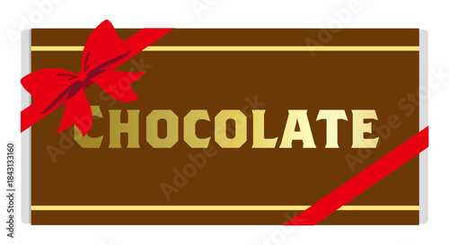 リボンがかかった板チョコレートのイラストレーション。茶色の包装紙に「チョコレート」の文字。