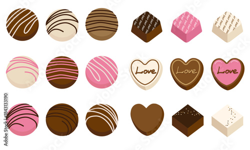 デコレーションされた、かわいいチョコレートのイラストレーションセット。/ A set of cute, decorated chocolate illustrations.	