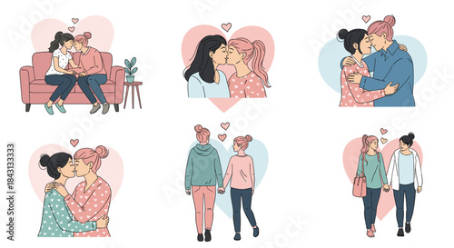 A set of illustrations showing lesbian couples in various romantic moments like kissing, hugging, and walking hand-in-hand, with heart backgrounds.