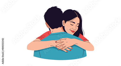 A loving couple embracing in a warm hug, with the woman smiling peacefully with her eyes closed, showing affection and comfort.