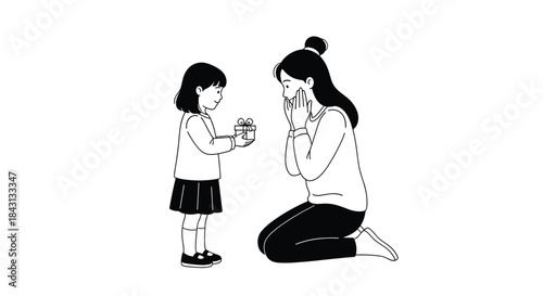 A black and white line drawing of a little girl giving a small gift to her surprised and happy mother on Mother's Day.