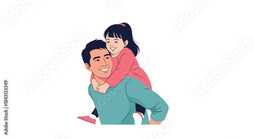 A happy father giving his smiling young daughter a piggyback ride, illustrating a joyful and loving father-daughter relationship.