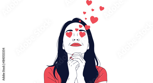 A woman with hearts for eyes and floating above her head, clasping her hands in a gesture of being deeply in love.