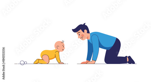 A caring father on his knees smiling at his crawling baby, representing a tender moment of fatherhood and child development.