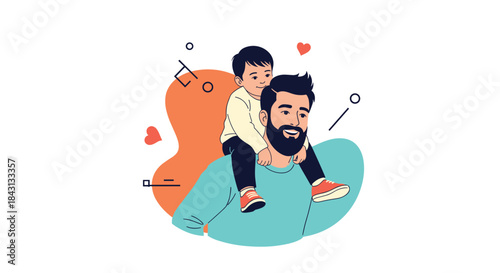 A bearded father smiling while giving his young son a piggyback ride, surrounded by abstract shapes and hearts on Father's Day.