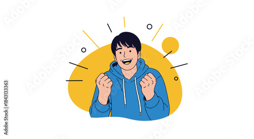 An excited and happy young man in a blue hoodie clenching his fists in a gesture of victory, success, or celebration.