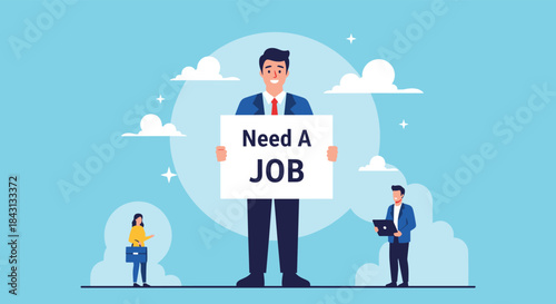 A large, confident businessman holding a 'Need A JOB' sign, with smaller job seekers nearby, illustrating recruitment and employment.