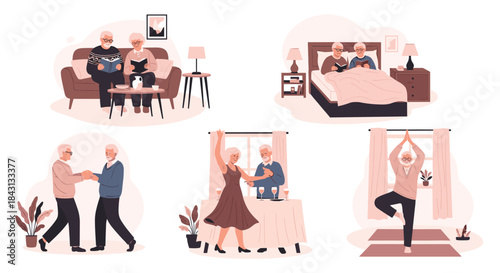 A set of illustrations showing a senior couple enjoying their retirement with activities like reading, dancing, doing yoga, and relaxing.