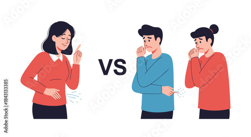 A comparison illustration of a healthy, confident woman versus a man and woman who are coughing and appear sick or unhealthy.