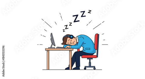 An exhausted office worker with headphones sleeping at his desk with his head on the keyboard, symbolizing overwork and burnout.