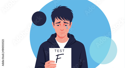 Upset and crying male student holding a test paper with a failing F grade, representing academic failure and disappointment.