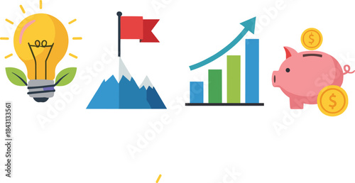 Essential vector icons representing business success and planning, featuring light bulb innovation, mountain goal, financial growth chart, and piggy bank savings for strategy concepts.Essential vector