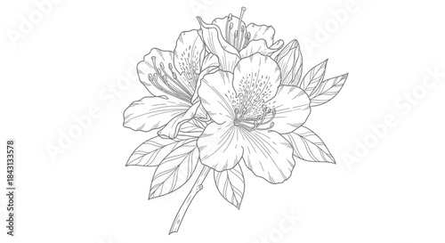 Obraz na plátně Botanical drawing: Delicate azalea blossom illustration with intricate line work