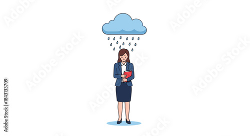 Unhappy businesswoman standing under a personal rain cloud, a metaphor for sadness, depression, bad luck, and misfortune.