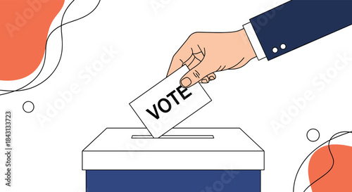 Person's hand casting a vote by placing a ballot into the slot of a sealed ballot box during a political election.