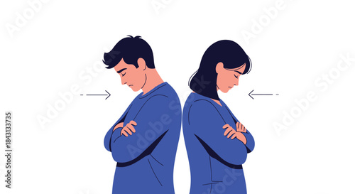 Angry couple standing back-to-back with arms crossed after an argument, symbolizing conflict, disagreement, and relationship problems.