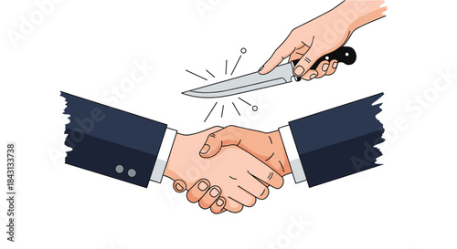 Business handshake with one person holding a hidden knife, symbolizing betrayal, backstabbing, and deception in a partnership.