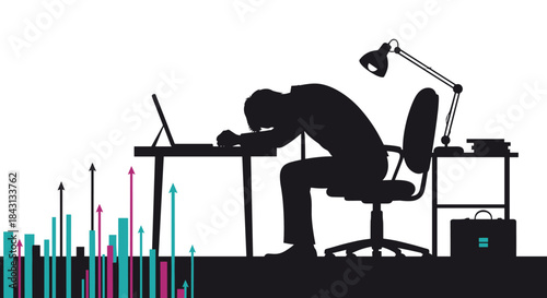 Silhouette of an exhausted businessman sleeping on his desk from overwork despite a rising graph showing business growth.