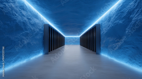 Futuristic corridor neon lighting blue glow data center server rack symmetric tunnel modern technology sci fi mood with calm ambiance