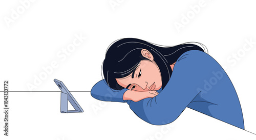 Sad and lonely woman looking at her smartphone with a bored or depressed expression, feeling isolated or cyberbullied.