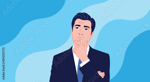 Thoughtful businessman with his hand on his chin looking up, contemplating a new idea or trying to solve a business problem.