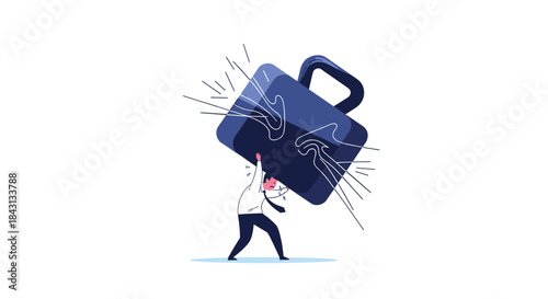 Small businessman struggling under the weight of a giant heavy briefcase, representing work pressure, debt, or responsibility.