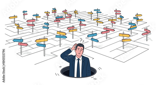Confused businessman lost in a complex labyrinth of confusing signs, symbolizing career uncertainty and difficult choices.