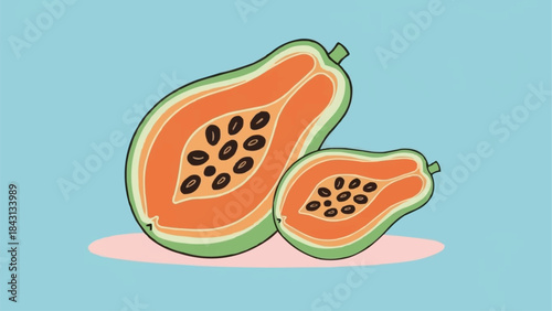 Two Halved Papayas Showing Seeds and Flesh.
